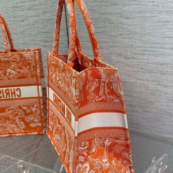 Dior Medium Book Tote Bag In Fluorescent Orange Toile de Jouy Reverse Embroidery