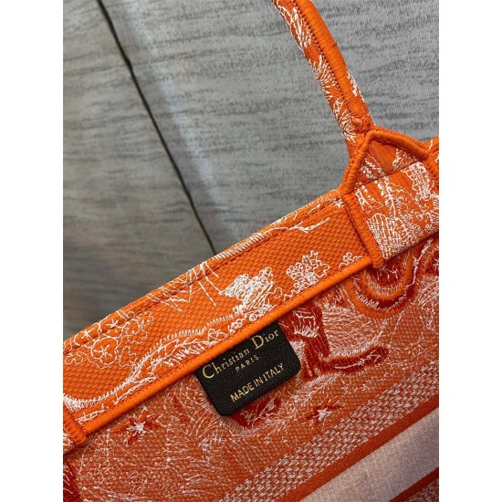 Dior Medium Book Tote Bag In Fluorescent Orange Toile de Jouy Reverse Embroidery