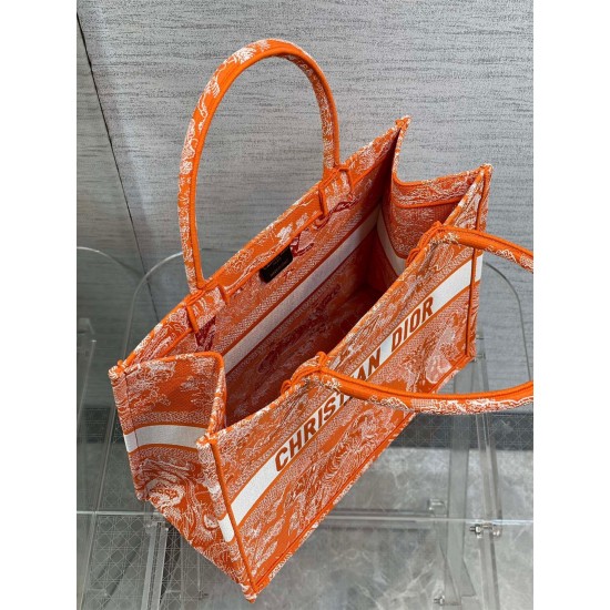 Dior Medium Book Tote Bag In Fluorescent Orange Toile de Jouy Reverse Embroidery