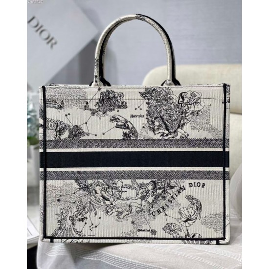 Dior Large Book Tote Bag In White Toile de Jouy Zodiac Embroidery