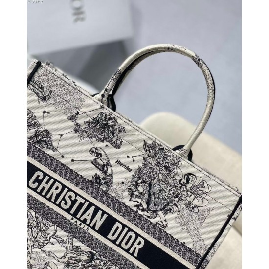 Dior Large Book Tote Bag In White Toile de Jouy Zodiac Embroidery