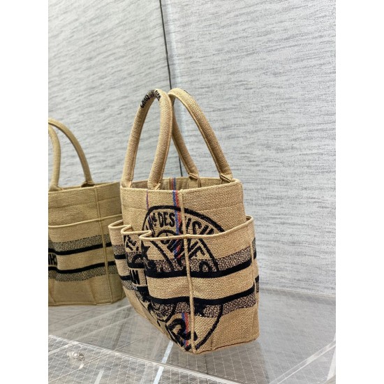 Dior Small Catherine Tote Bag In Beige Jute Canvas with Union Motif