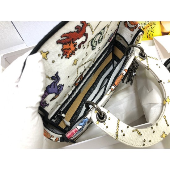 Dior Medium Lady D-Lite Bag In White Pixel Zodiac Embroidery