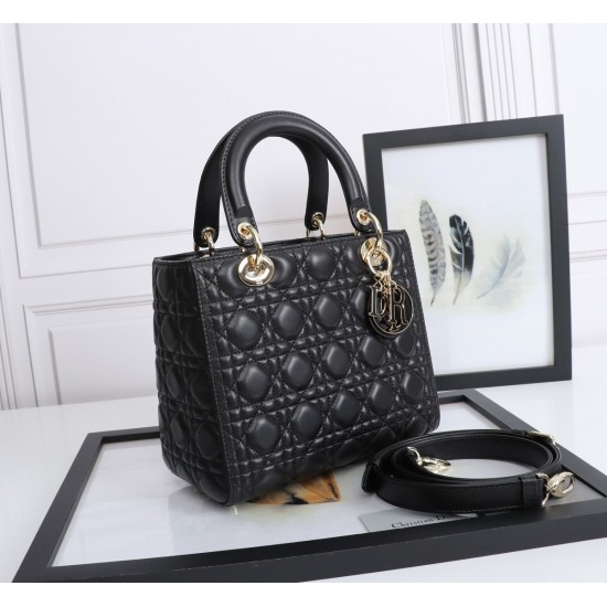 Dior Medium Lady Dior Bag with Enamel Charm In Black Lambskin