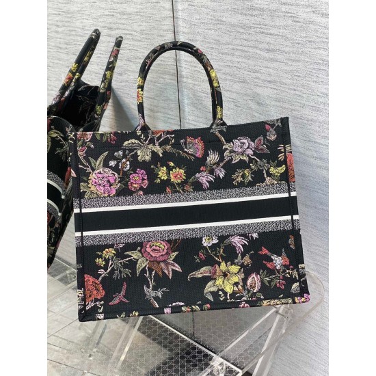 Dior Large Book Tote Bag In Black Multicolor Jardin Botanique Embroidery