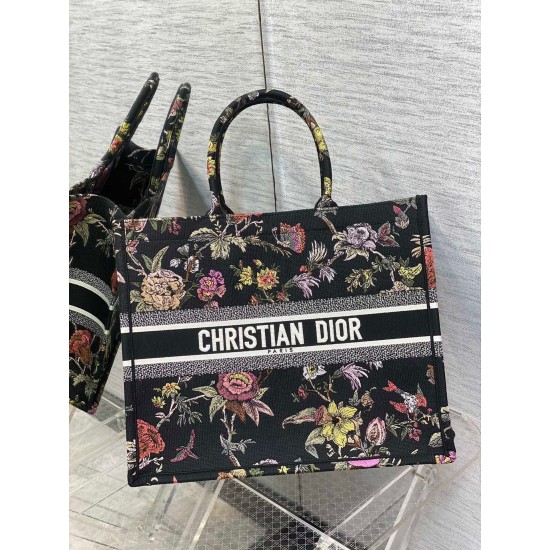 Dior Large Book Tote Bag In Black Multicolor Jardin Botanique Embroidery