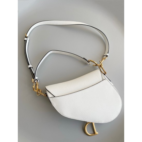 Dior Saddle Bag with Strap in White Grained Calfskin