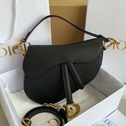 Dior Saddle Bag with Strap in Black Grained Calfskin