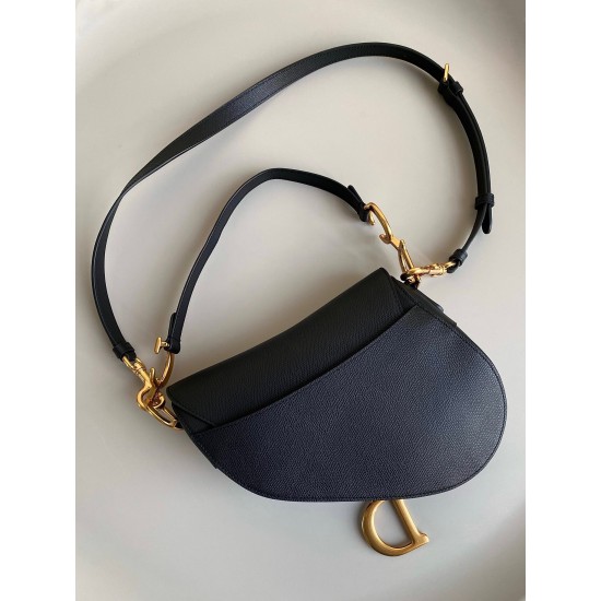 Dior Saddle Bag with Strap in Black Grained Calfskin