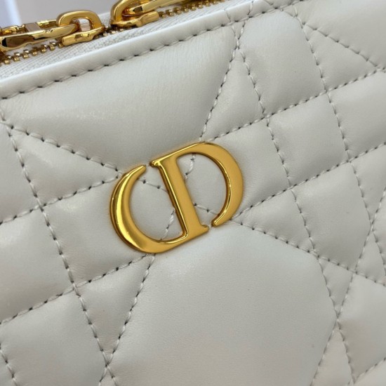 Dior Caro Box Bag with Chain in White Macrocannage Calfskin