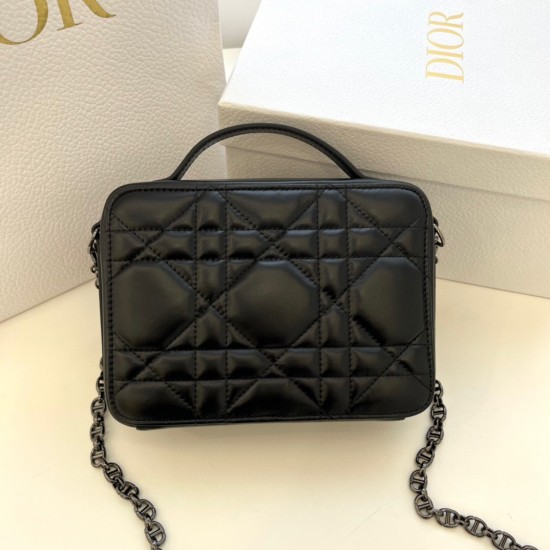 Dior Caro Box Bag with Chain in Black Macrocannage Calfskin