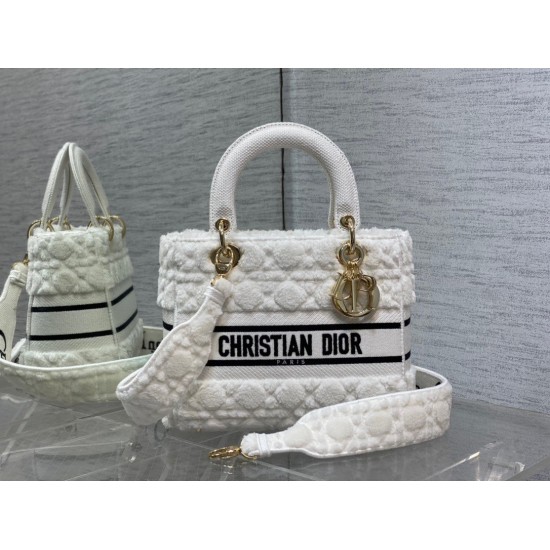 Dior Medium Lady D-Lite Bag In White Cannage Shearling