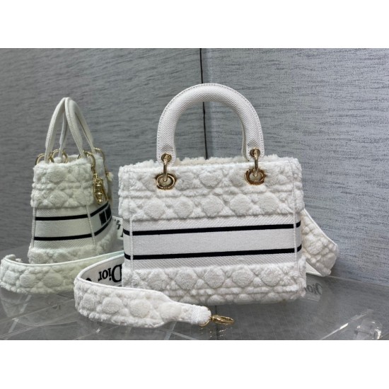 Dior Medium Lady D-Lite Bag In White Cannage Shearling