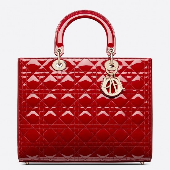 Dior Large Lady Dior Bag In Red Patent Cannage Calfskin