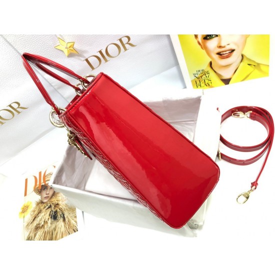 Dior Large Lady Dior Bag In Red Patent Cannage Calfskin