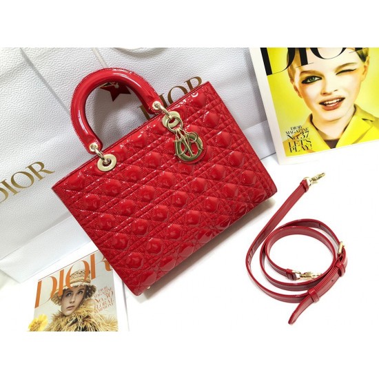 Dior Large Lady Dior Bag In Red Patent Cannage Calfskin