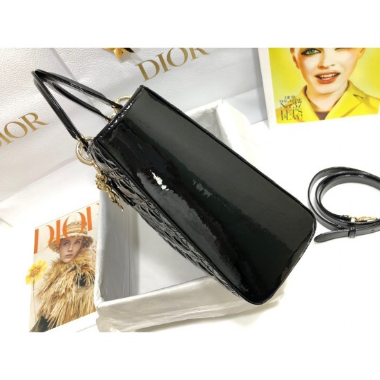 Dior Large Lady Dior Bag In Black Patent Cannage Calfskin