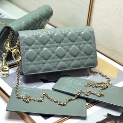 Dior Lady Dior Clutch With Chain In Grey Patent Leather