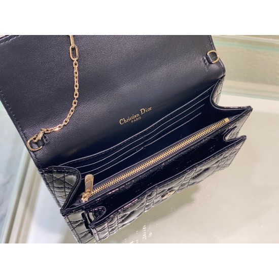 Dior Lady Dior Chain Pouch In Black Patent Calfskin