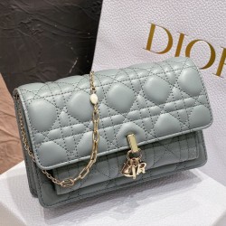 Dior Lady Dior Chain Pouch In Grey Cannage Lambskin