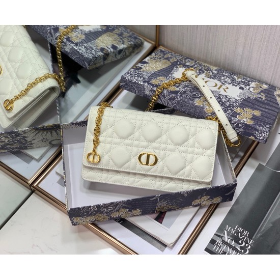 Dior Caro Chain Pouch In White Cannage Calfskin