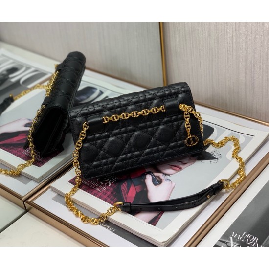 Dior Caro Chain Pouch In Black Cannage Calfskin