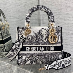 Dior Lady D-Lite Medium Bag In White Toile de Jouy Voyage Embroidery