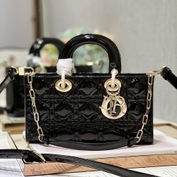 Dior Lady D-Joy Medium Bag In Black Patent Cannage Calfskin