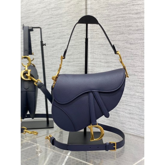 Dior Saddle Bag with Strap in Indigo Blue Grained Calfskin