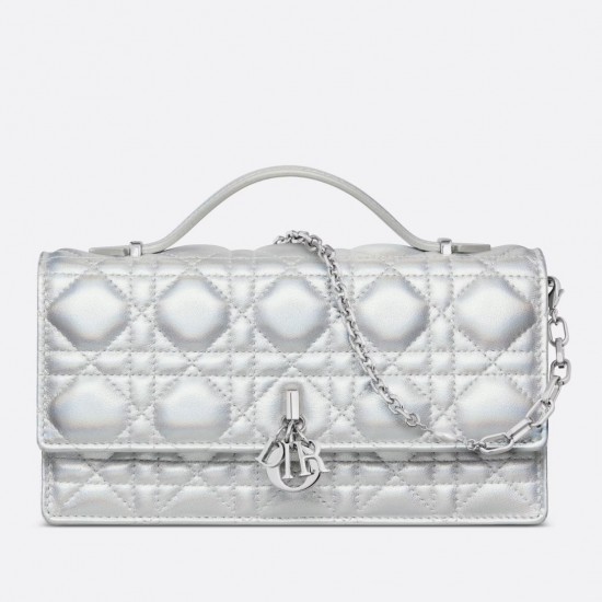 Dior Miss Dior Mini Bag In Iridescent Metallic Silver Lambskin