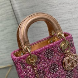 Dior Lady Dior Mini Chain Bag in Satin with Pink Resin Pearl Embroidery