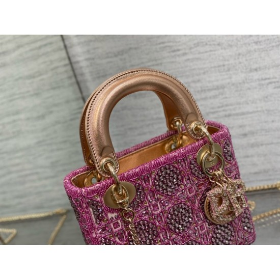 Dior Lady Dior Mini Chain Bag in Satin with Pink Resin Pearl Embroidery