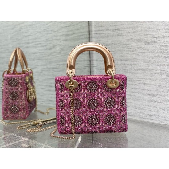 Dior Lady Dior Mini Chain Bag in Satin with Pink Resin Pearl Embroidery