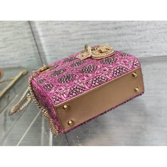 Dior Lady Dior Mini Chain Bag in Satin with Pink Resin Pearl Embroidery