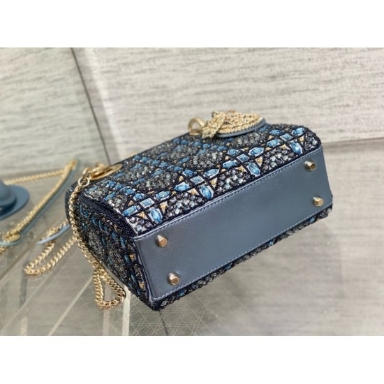 Dior Lady Dior Mini Chain Bag in Satin with Blue Bead Embroidery