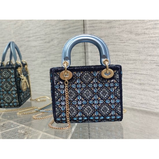 Dior Lady Dior Mini Chain Bag in Satin with Blue Bead Embroidery