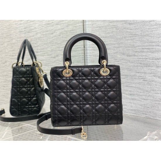 Dior Small Lady Dior Bag in Black Grained Cannage Calfskin