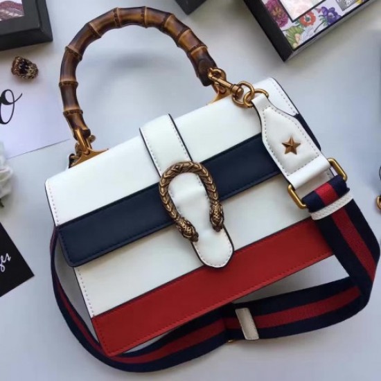 Gucci Dionysus smooth leather top handle bag 448075 White/Navy/Red (SuperM-71922)