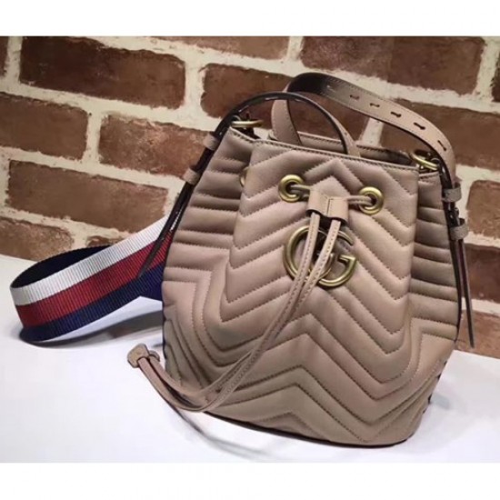 Gucci Sylvie Web Strap GG Marmont Chevron Quilted Leather Bucket Bag 476674 Nude 2017