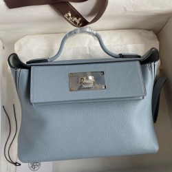 Hermes 24/24 Mini 21 Handmade Bag in Blue Lin Evercolor Leather