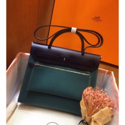 Hermes Herbag Zip 31cm Bag In Navy And Green