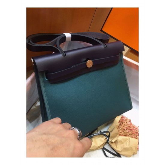 Hermes Herbag Zip 31cm Bag In Navy And Green