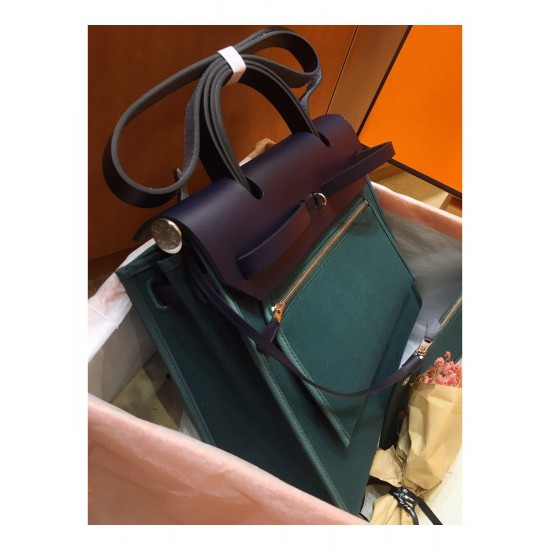 Hermes Herbag Zip 31cm Bag In Navy And Green