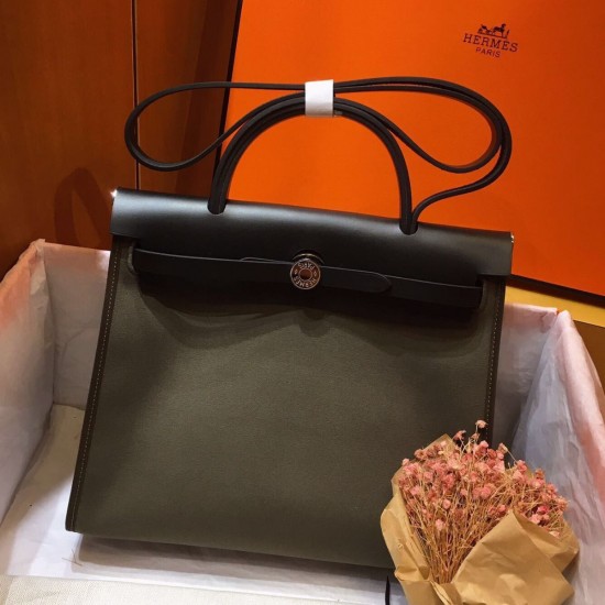 Hermes Herbag Zip 31cm Bag In Black And Canopee