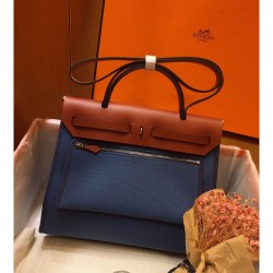 Hermes Herbag Zip 31cm Bag In Camel And Blue