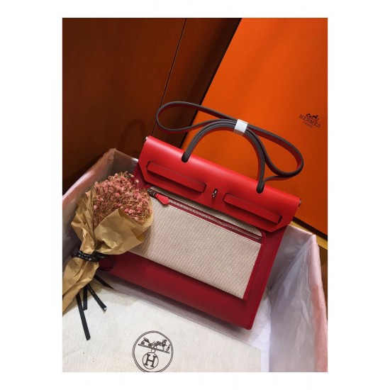 Hermes Herbag Zip 31cm Bag In Red Toile And Leather