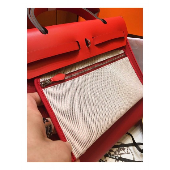 Hermes Herbag Zip 31cm Bag In Red Toile And Leather