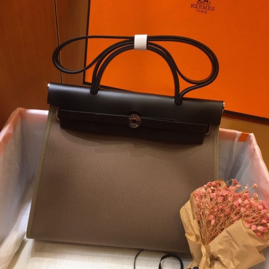 Hermes Herbag Zip 31cm Bag In Black And Taupe