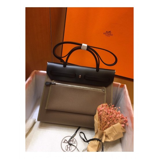 Hermes Herbag Zip 31cm Bag In Black And Taupe