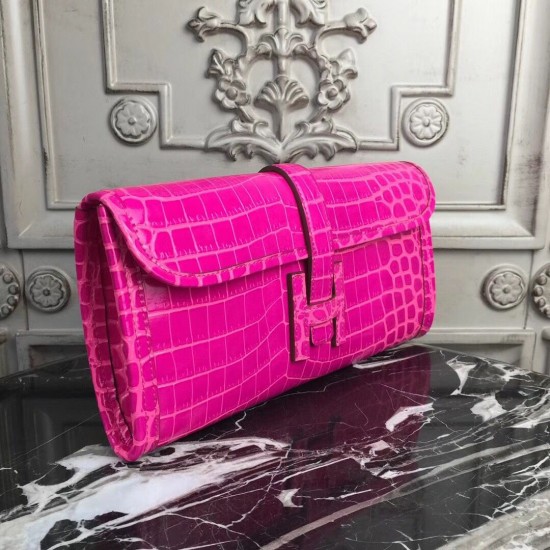 Hermes Jige Elan 29 Clutch In Rose Red Crocodile Leather